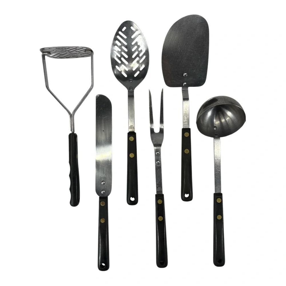 Vintage Bi-Cor Cooking Utensils Stainless Steel USA Black Handle Spatula Spoon